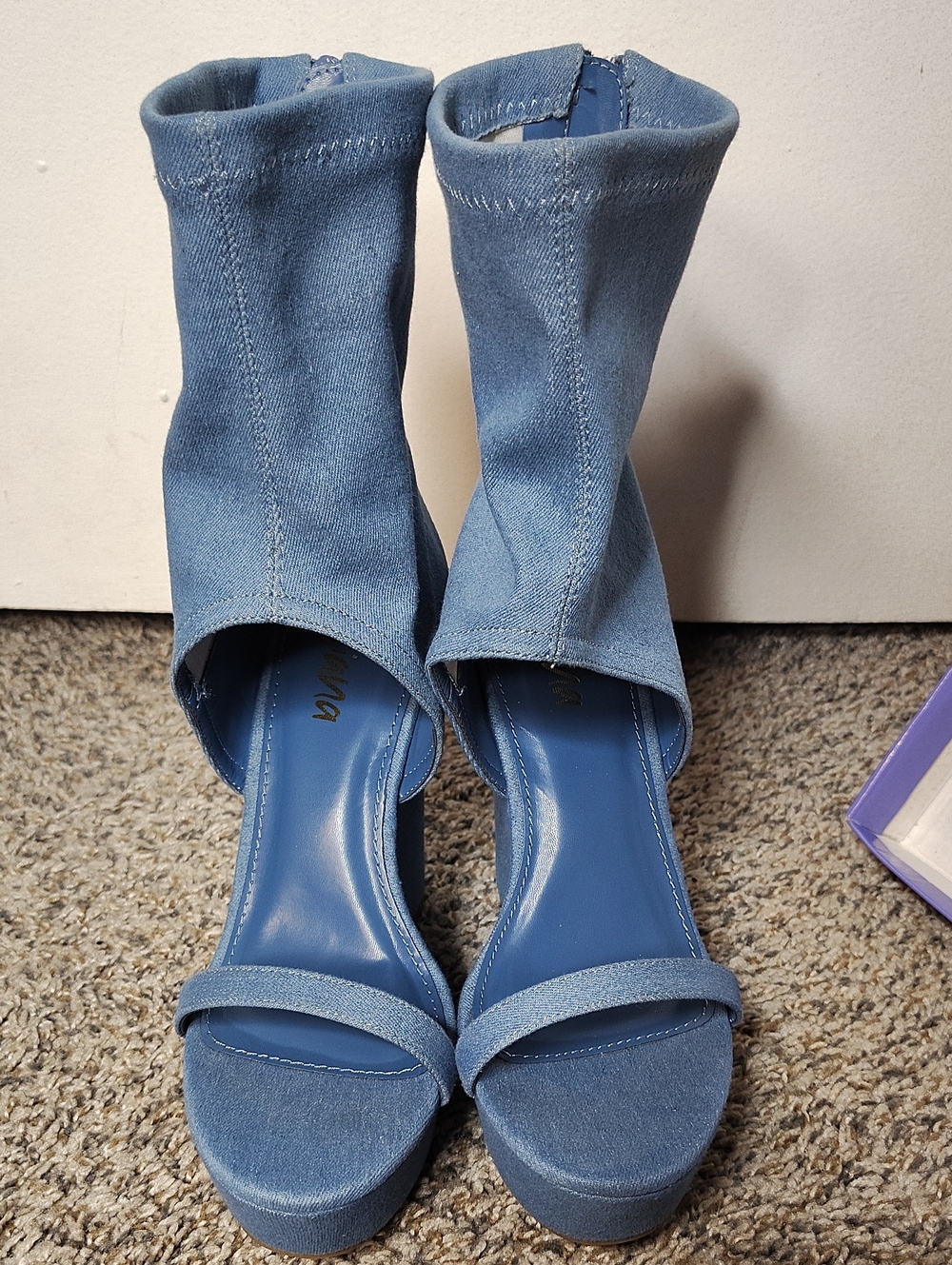 Liliana Los Angeles Blue Denim Open-Toe Sock Boot Sandals - Women